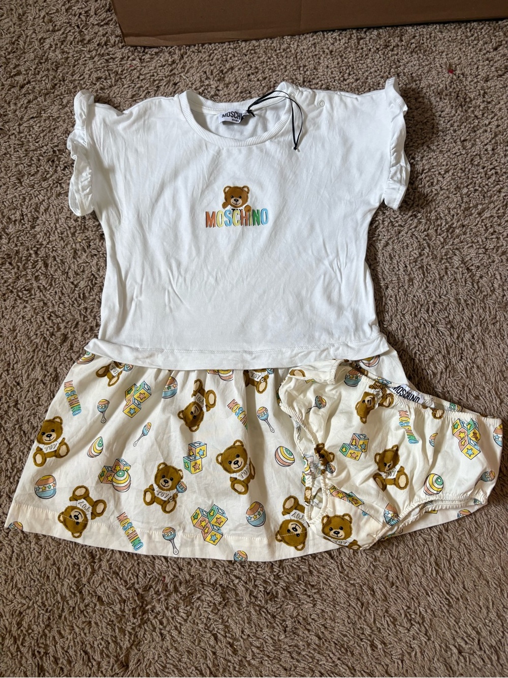 Moschino White Teddy Logo Top and Bear Print Skirt Set with diaper cover set